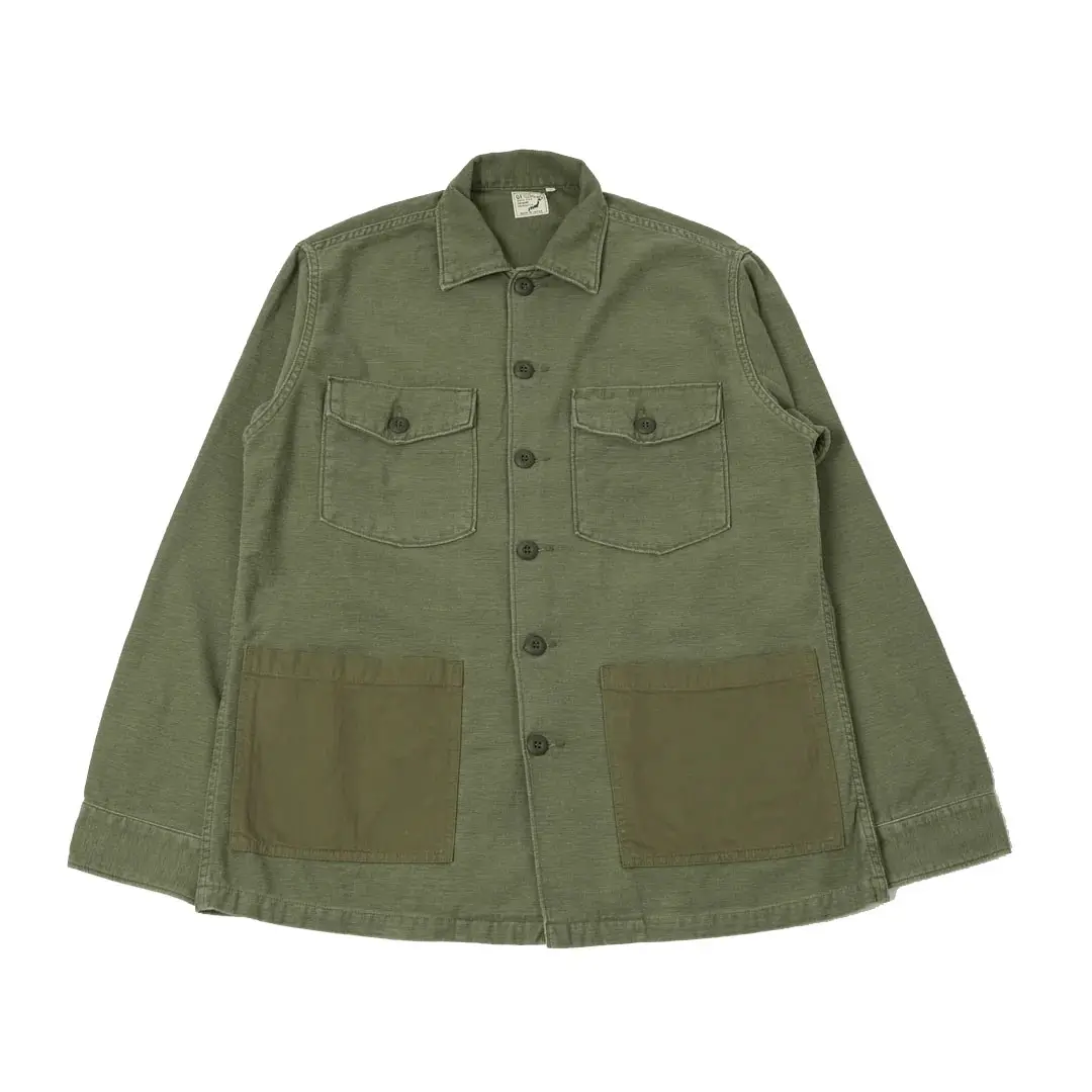 orSlow Contrast Pocket Sateen Overshirt - Olive Stone Front